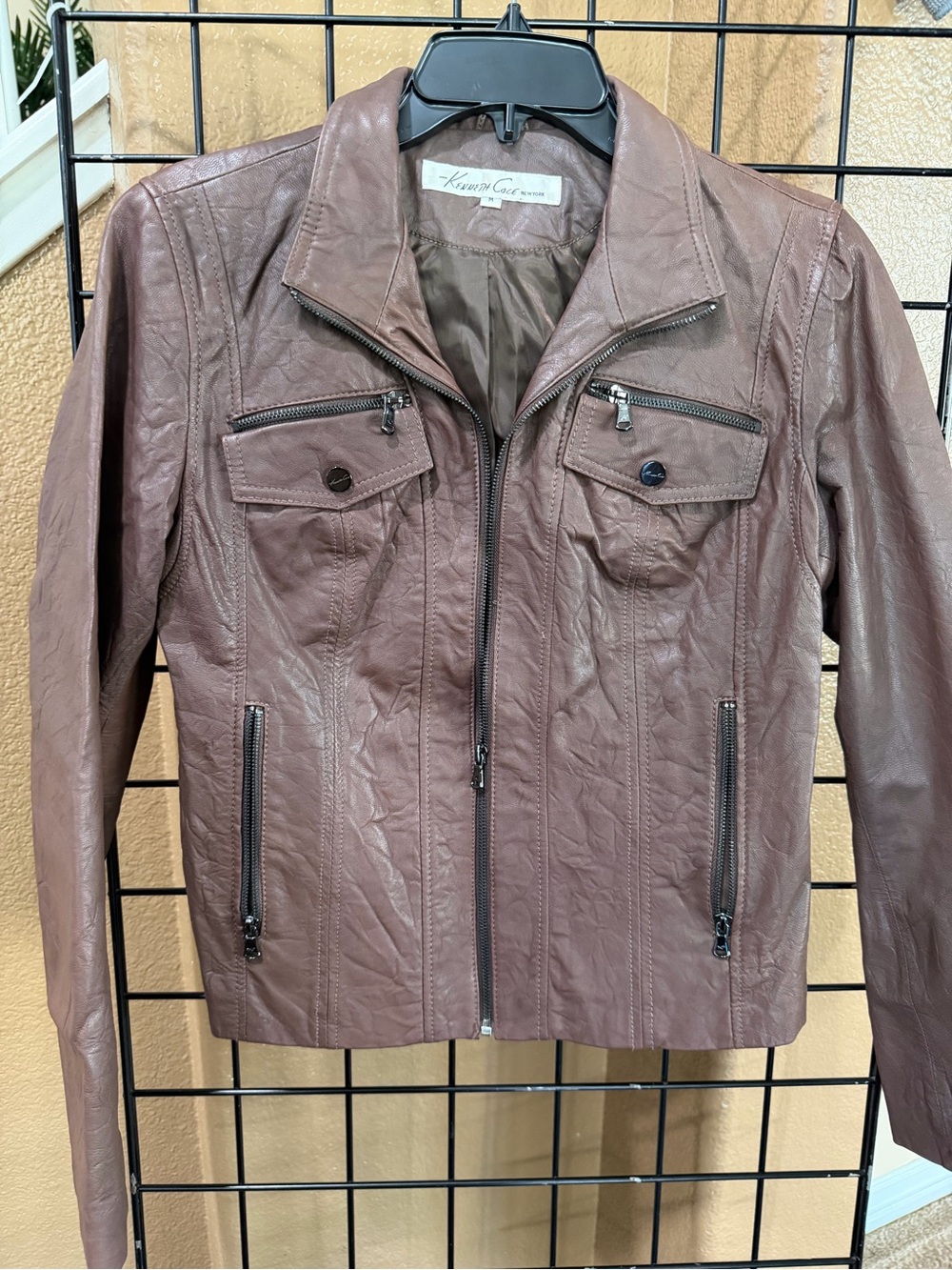Kenneth Cole Women’s Brown leather Zip Front Jacket